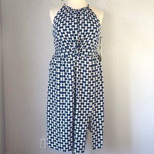 Ava & Viv 1X Dress Sleeveless Blue & White Geometric Halter Neckline